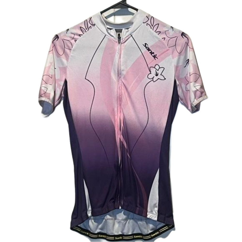 SANTIC bicycling shirt. Women’s size small. Purple, pink and white